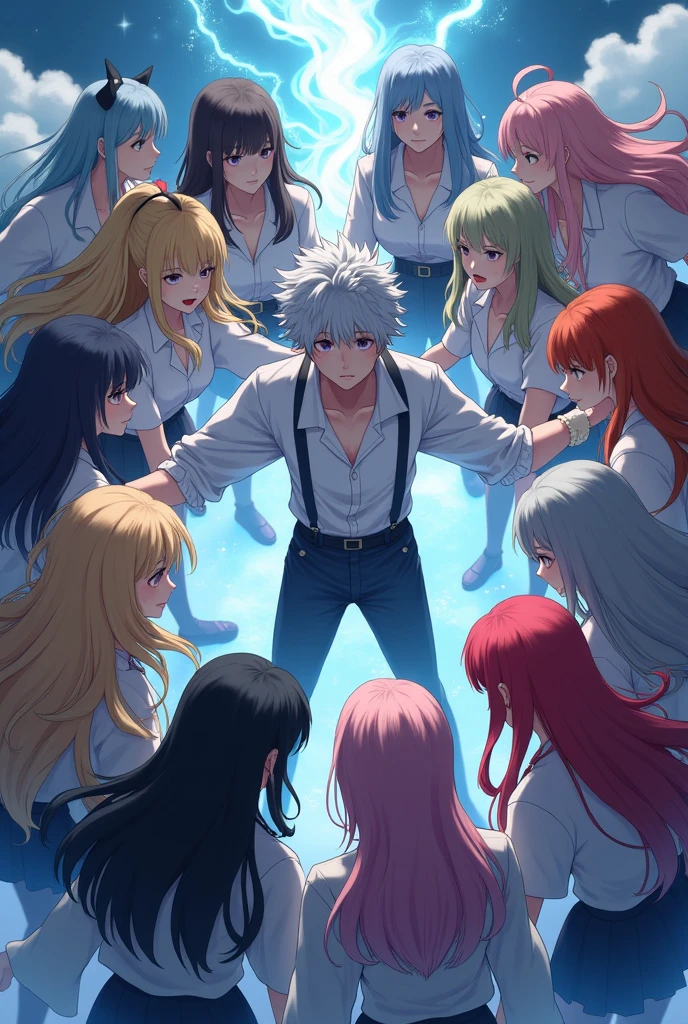 Min yoon-gi from bts and a bunch of army girls in a circle covering him from all evil anime version