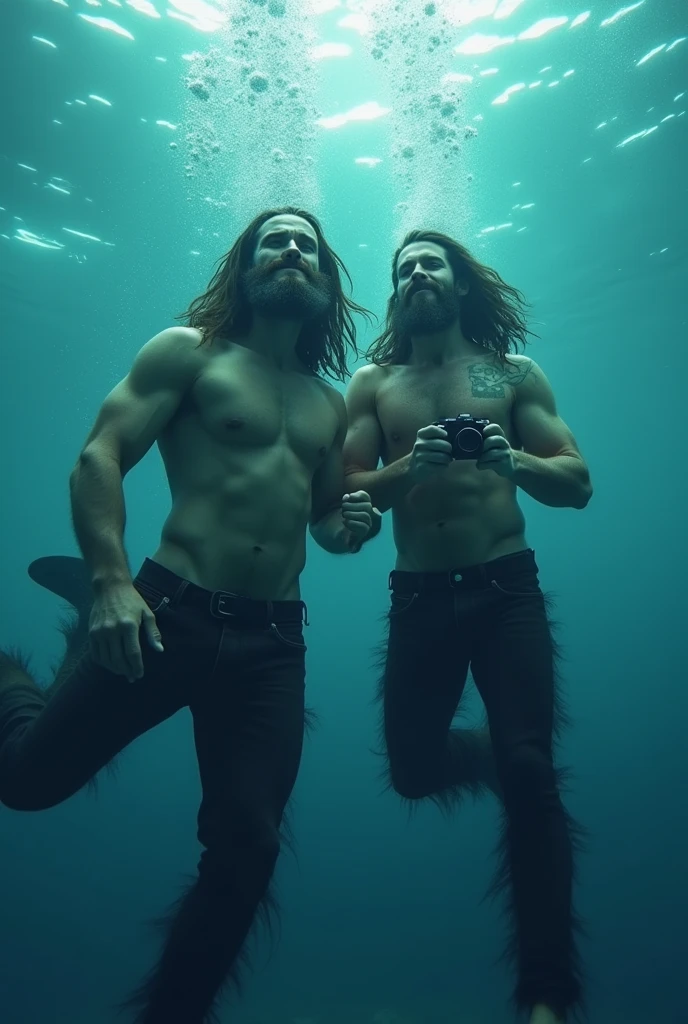 make a photo of a 2 man underwater, he has a balbo beard, his face is slim, he has long hair, he has a lot of leg hair and no chest hair, he is smiling and blowing bubbles underwater while recording