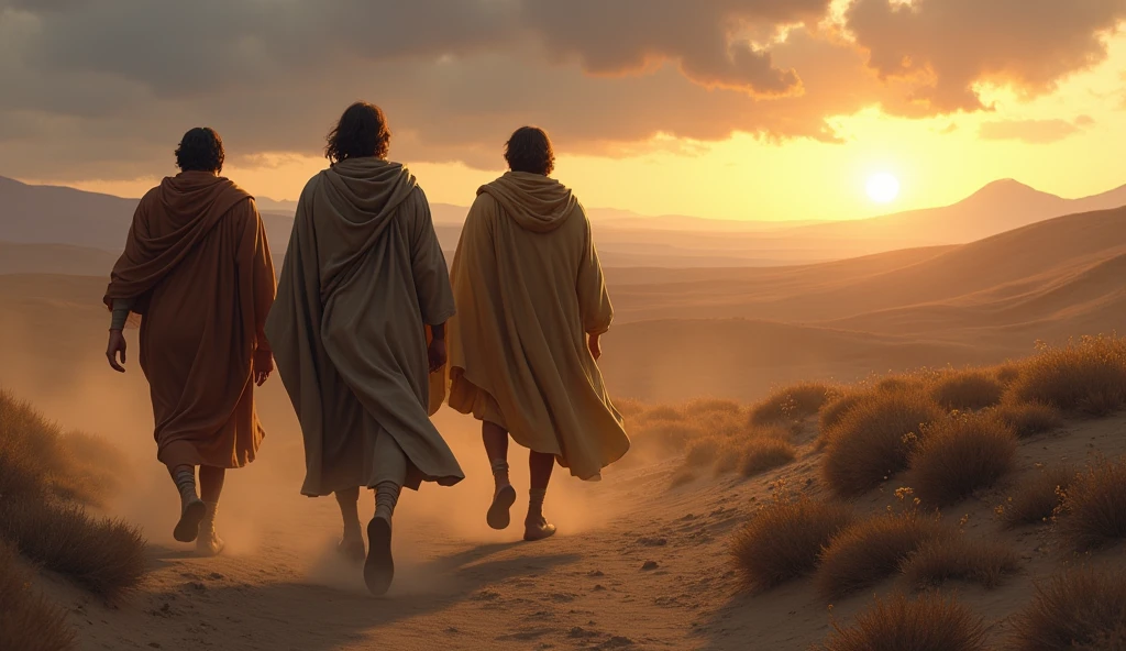 "Create an image that represents the biblical scene in which Job's three friends, Eliphaz, Formed by Zofar, are traveling together to find him. Take your friends on a journey through a barren and desolate landscape, perhaps with dry hills or a desert in the background. They are dressed in simple robes, walking side by side or riding camels, with serious, worried expressions, reflecting the gravity of his mission to comfort Job. The sky above is partly cloudy, suggesting a dark and heavy atmosphere. The image should capture the sense of determination and friendship, as they journey to be by Job's side in his time of need show them walking into the sunset with their backs to the camera