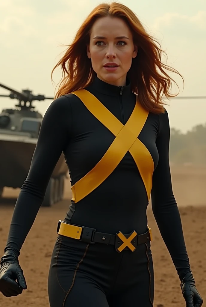 Emma Myers como Kitty Pryde (Shadowcat) In a film adaptation of the X-Men it would be an interesting choice., considering his ability to play young and dynamic characters. To portray Kitty Pryde faithfully to the comics, The focus should be on your appearance and distinctive outfit.
In the comics, Kitty Pryde is known for her X-Men costume that combines functionality with style.. Kitty's typical outfit in her most iconic appearances is a tight black outfit with yellow details.. The top of the suit is black, with a yellow diagonal line across the chest and shoulders, giving an appearance of agility and professionalism. The gloves and boots are also black., complementing the overall design of the suit. The X-Men emblem, yellow, It is located in the center of the chest, symbolizing his loyalty to the team and his role as an integral member. (ON A BATTLEFIELD)