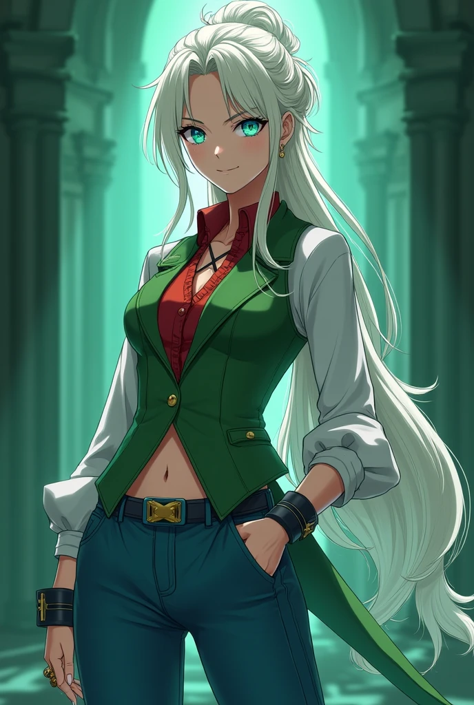 A blonde hunter, almost white but bright, blue eyes with green eye background, white skin LONG hair with a beautiful updo hairstyle with loose strands, with a long blouse with ruffles on the long sleeves, a red blouse and a stylish short closed vest in green for women and a pair of large blue jeans with elastic at the ends, anime style, with a ring with ice powers. less sexy