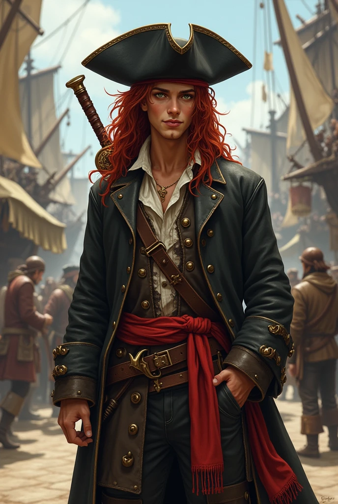 Create an image of a full human race pirate for D&D. A young pirate of 20 years old with long curly hair and garnet red color, beardless and with dark green eyes. He wears a black leather battered hat, He wears a long, worn and old brown pirate-style trench coat, with a light shirt and a ruined vest underneath. In life he wears a red sash with a belt and two bastard swords on his back., in the background a pirate port. ((no beard))-((young characther)) 