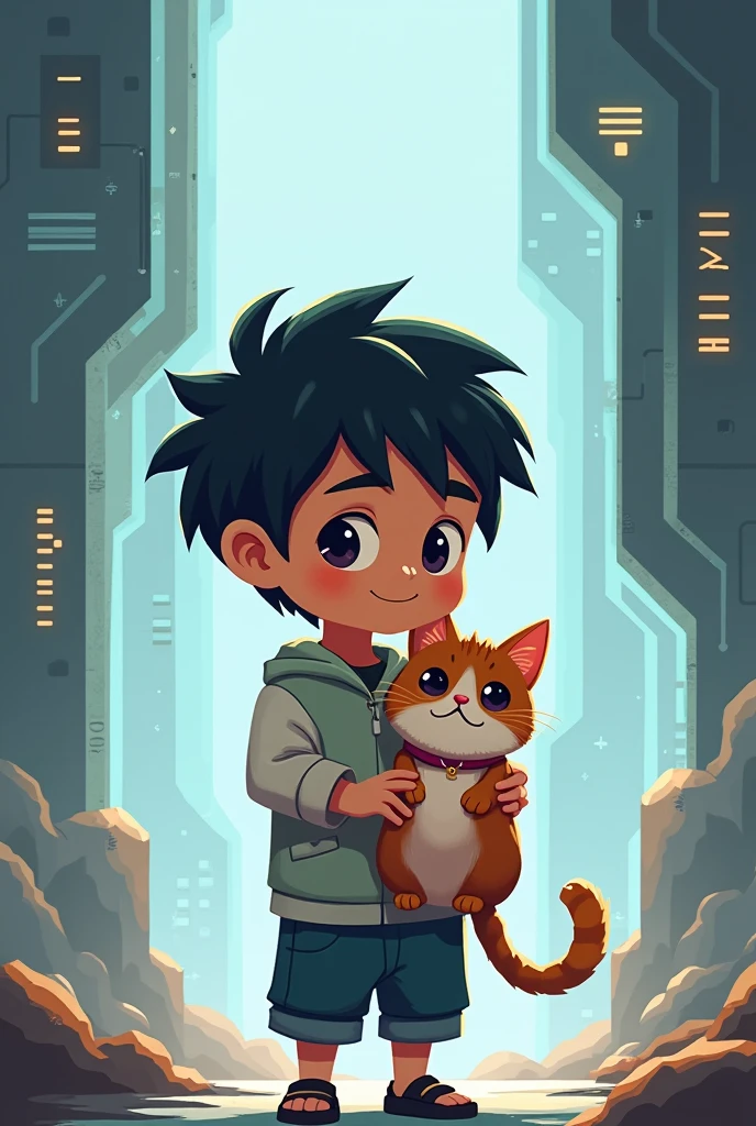 Make an rpg image of a man named Lucio, he is 2, he has a cat, the image is anoid