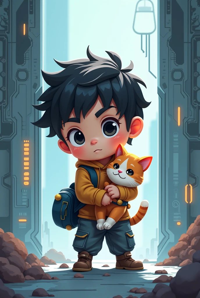 Make an rpg image of a man named Lucio, he is 2, he has a cat, the image is anoid