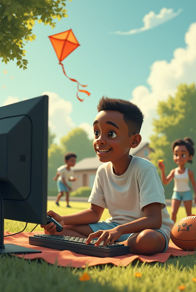 Create a drawing of a calm mlk who likes to play on his PC gamer without sticks, fly kites, play football and spend time with a girlfriend.