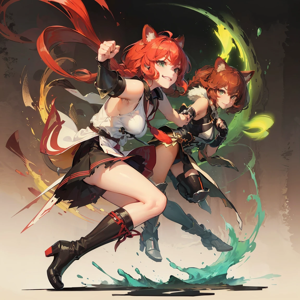 (Best Quality, Masterpiece: 1.1), (Fidelity: 1.4), Solo, Score_9, score_8_up, score_7_up, kemono style, Kimiko, An Anthro furry red panda girl, red furry body, red panda tail, , black nose, red hair, braided hair, majestic, long legs, athletic arms and legs, green emerald eyes, toned legs, toned thighs,majestic, heavy leather gauntlet on right side, heavy leather shoulder armor right side, rolled up sleeveless collared shirt, white dress shirt, torn skirt black, ripped skirt, battle damage, fighting pose, confident smirk, chi energy, monk techniques, martial arts, leather brown leather boots, visible legs, full body shot, punching, punching position