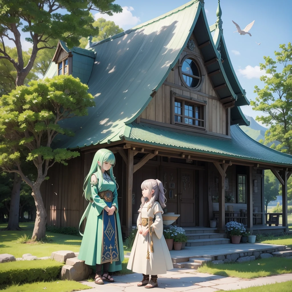 Girl standing in castle by the lake。Celtic mythological priestess in long dress、House of Taiki、There are fairies flying around、