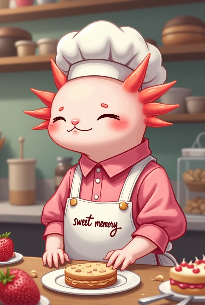 Axolotl animal dressed as a pastry chef with her pink blouse that says Sweet Memory, It is a pastry and catering business 