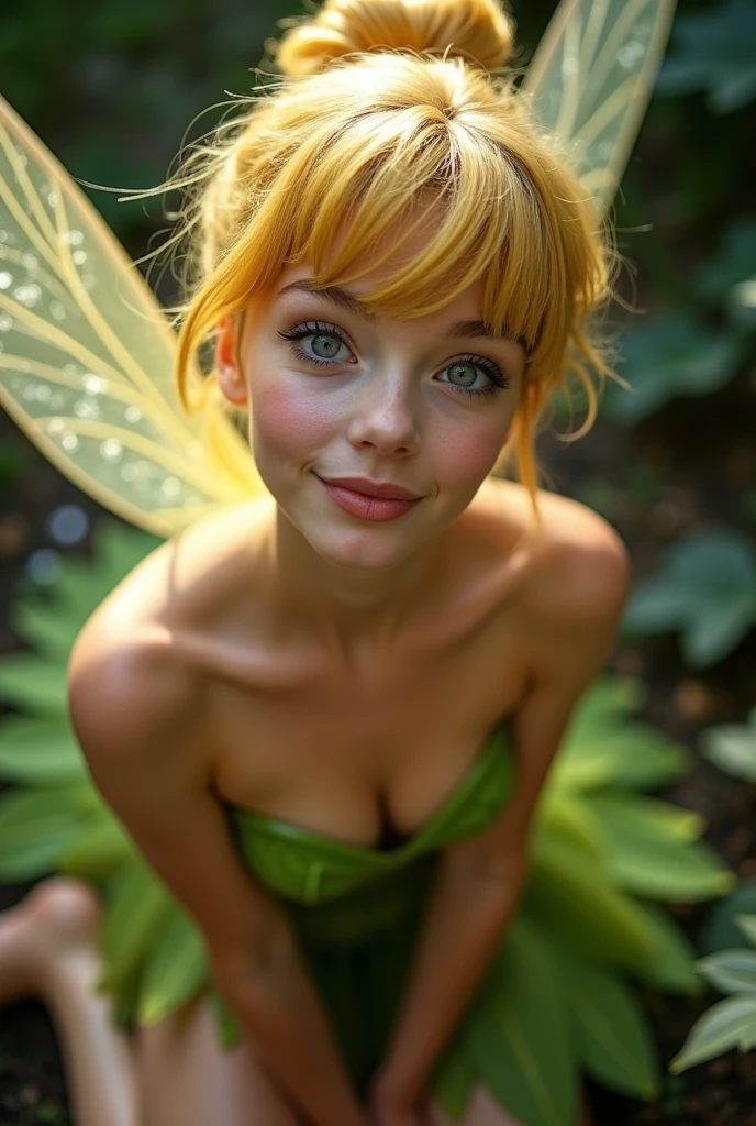 most beautiful Tinkerbell, real life cosplay, 19yo, on her knees, looking up at the camera, (most detailed beautiful half-closed eyes:1.2), slight smirk, passionate, desire, perfect mouth open, in position as if trying to catch raindrops that are not there on her tongue, (tongue covered in very thin runny clear glue, dripping down all over her bare ample chest:1.3), arms reaching forward out of frame, sticking her breasts out to create a large area for the viewer to aim at, sitting on her feet, (viewer squirting long thin ropes of clear glue across her face and chest from below the field of view:1.3), perfect puffy nipples, shot directly overhead, gorgeous, very cute, most attractive, most arousing, sensual, intimate, alluring, lascivious, appealing, enticing, tempting, cosplay, short yellow-blonde hair in messy bun, gorgeous pale very smooth skin with yellow-gold glowing aura, white dust particles falling from all parts of her, beautiful detailed blue eyes, natural lip gloss, translucent fairy wings, very petit body, narrow waist, enormous perky breasts spilling out of her dress, very short green v-cute tube top lace dress with leafy skirt, easily visible very massive cleavage, almost all of her large perky exposed