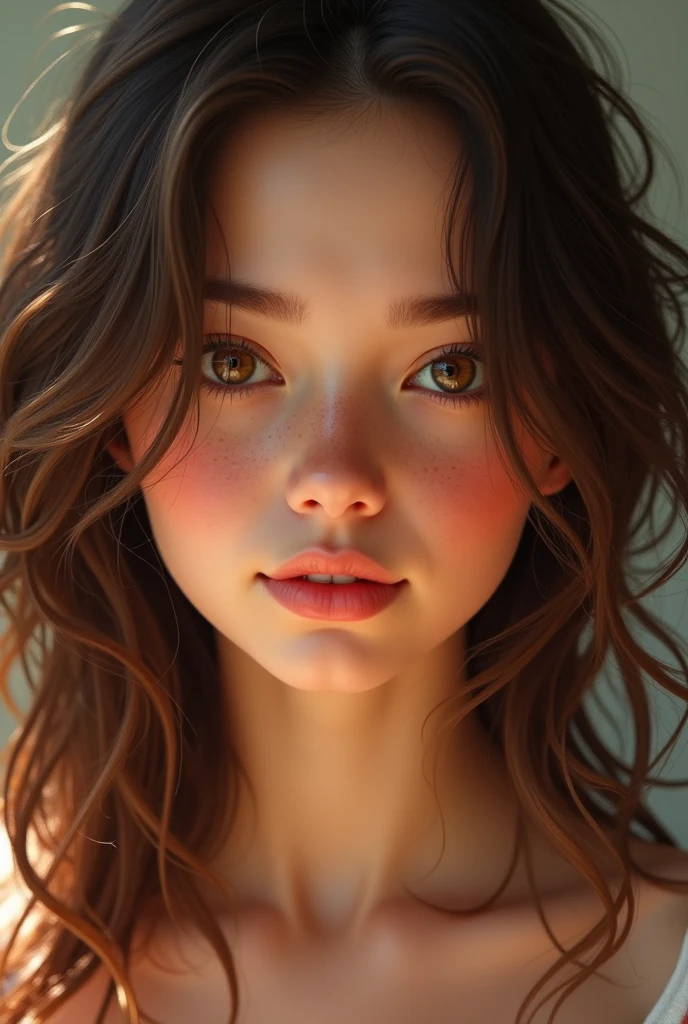 Self-portrait I have wavy hair, a round face, brown eyes and foxy eyes with freckles and very pretty