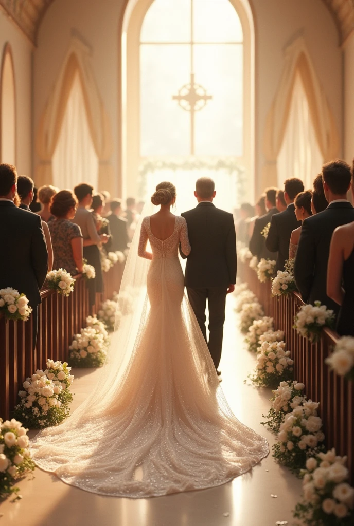 Church decorated with curtains on the walls and white flowers for the wedding Bride&#39;s dress in long sleeves of sheer lace, glittery and square neckline With many guests and father walking the bride to the altar 

