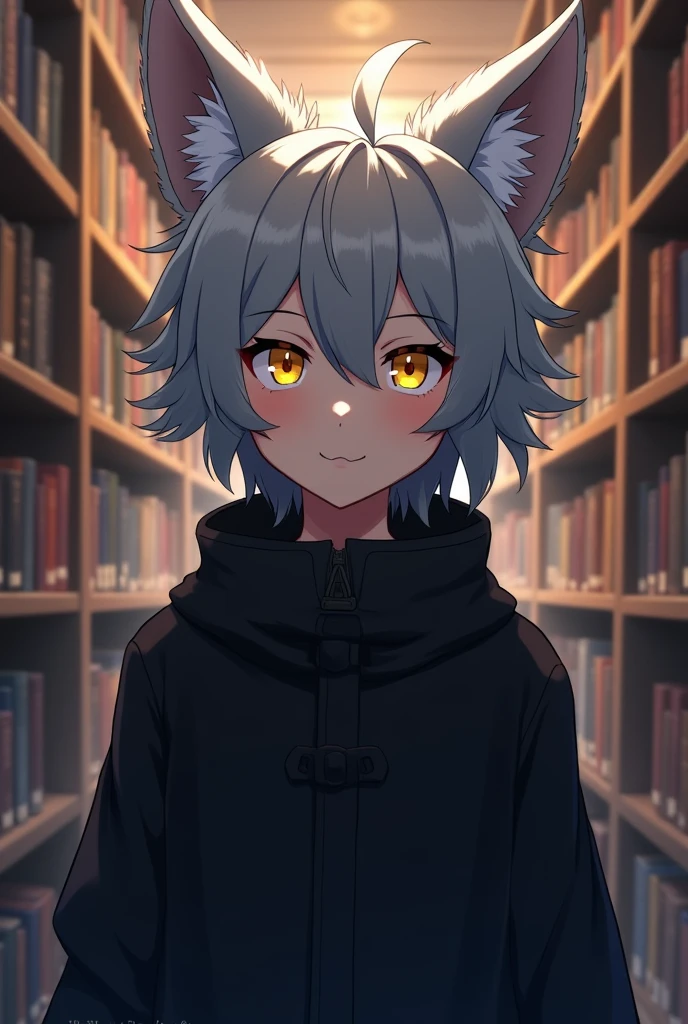 anime, human boy, gray fur, fox ears, yellow eyes, black clothes, medium height, library background