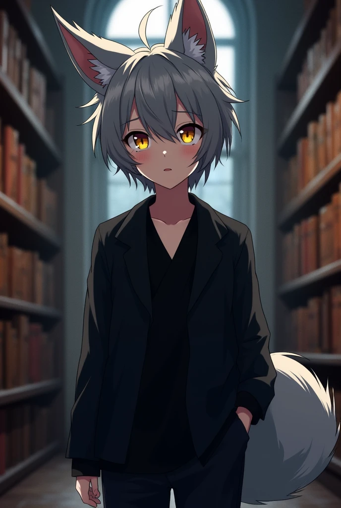anime, human boy, gray fur, fox ears, yellow eyes, black clothes, medium height, library background 
