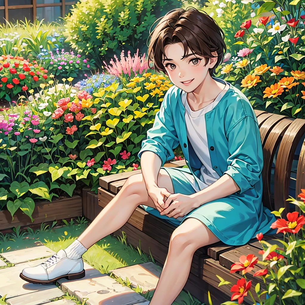 , eight year old boy with brown hair and dark eyes, sitting in a garden smiling