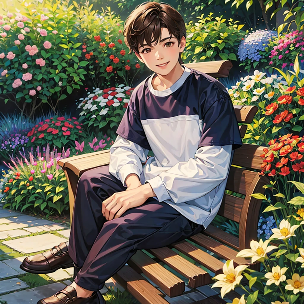 ,  boy with brown hair and dark eyes, sitting in a garden smiling 