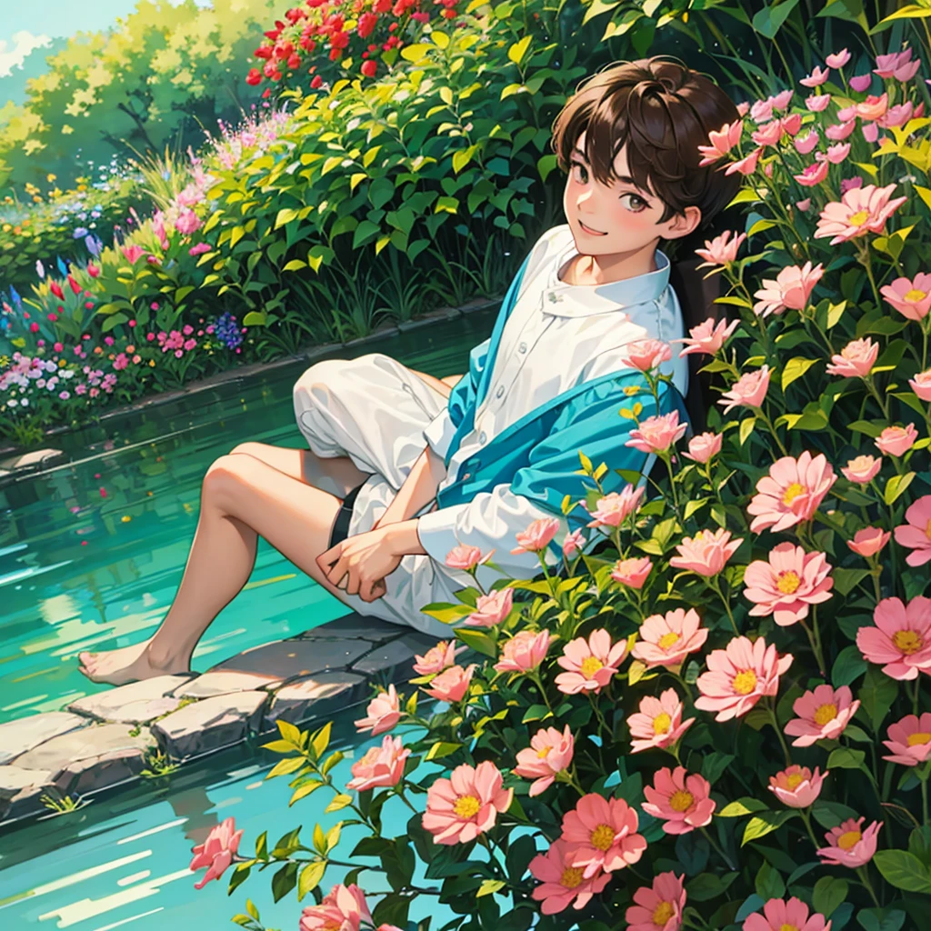 , eight year old boy with brown hair and dark eyes, sitting in a garden smiling 