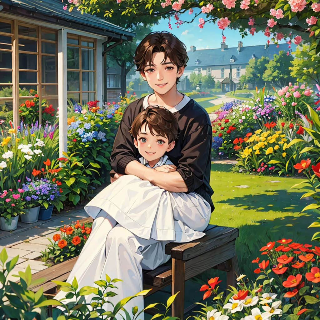 , eight year old boy with brown hair and dark eyes, sitting in a garden smiling