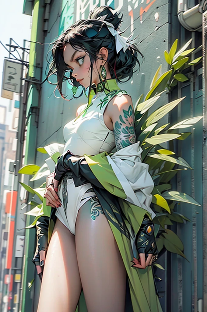 black haired, green eyed fairy with green wings and magical tattoos on her left arm