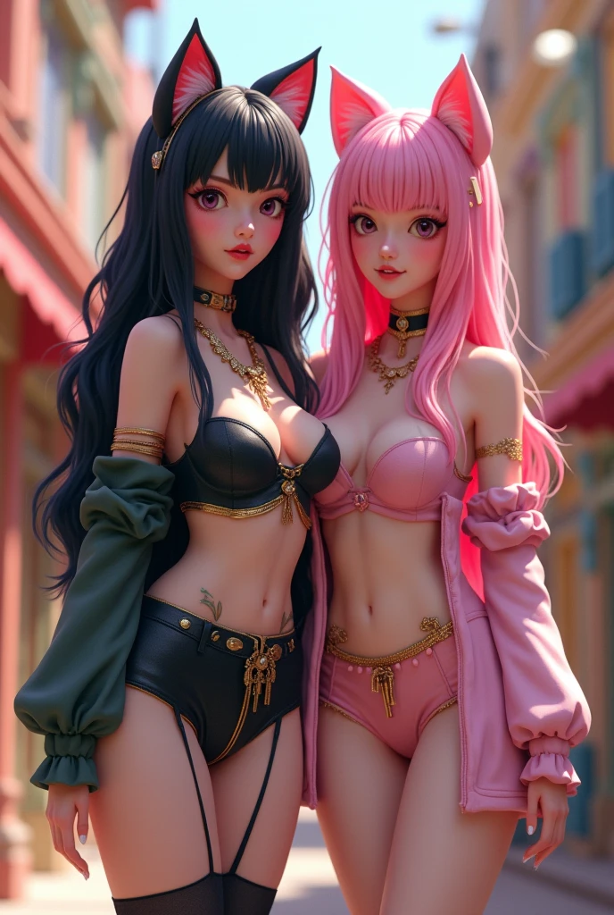 model with long wavy black hair, With her friend, light pink hair, full body view, sweet outfit, big boobs, with cat ears