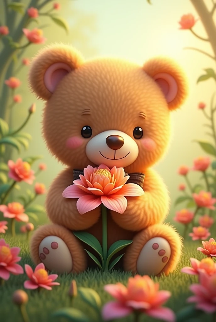 Create a cute looking teddy bear, Taking care of a beautiful flower
