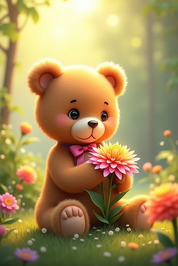 Create a cute looking teddy bear, Taking care of a beautiful flower