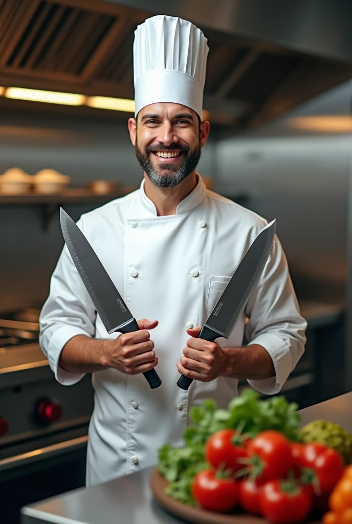 A chef holding two knives
