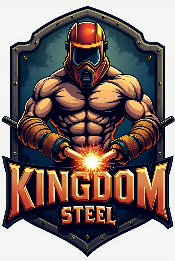 Make a large logo written kingdom steel, with a sexy blonde female figure holding a welding torch and wearing a welding mask, highlighting her breasts and realism, leaving the Kingdom Steel logo very clear and large