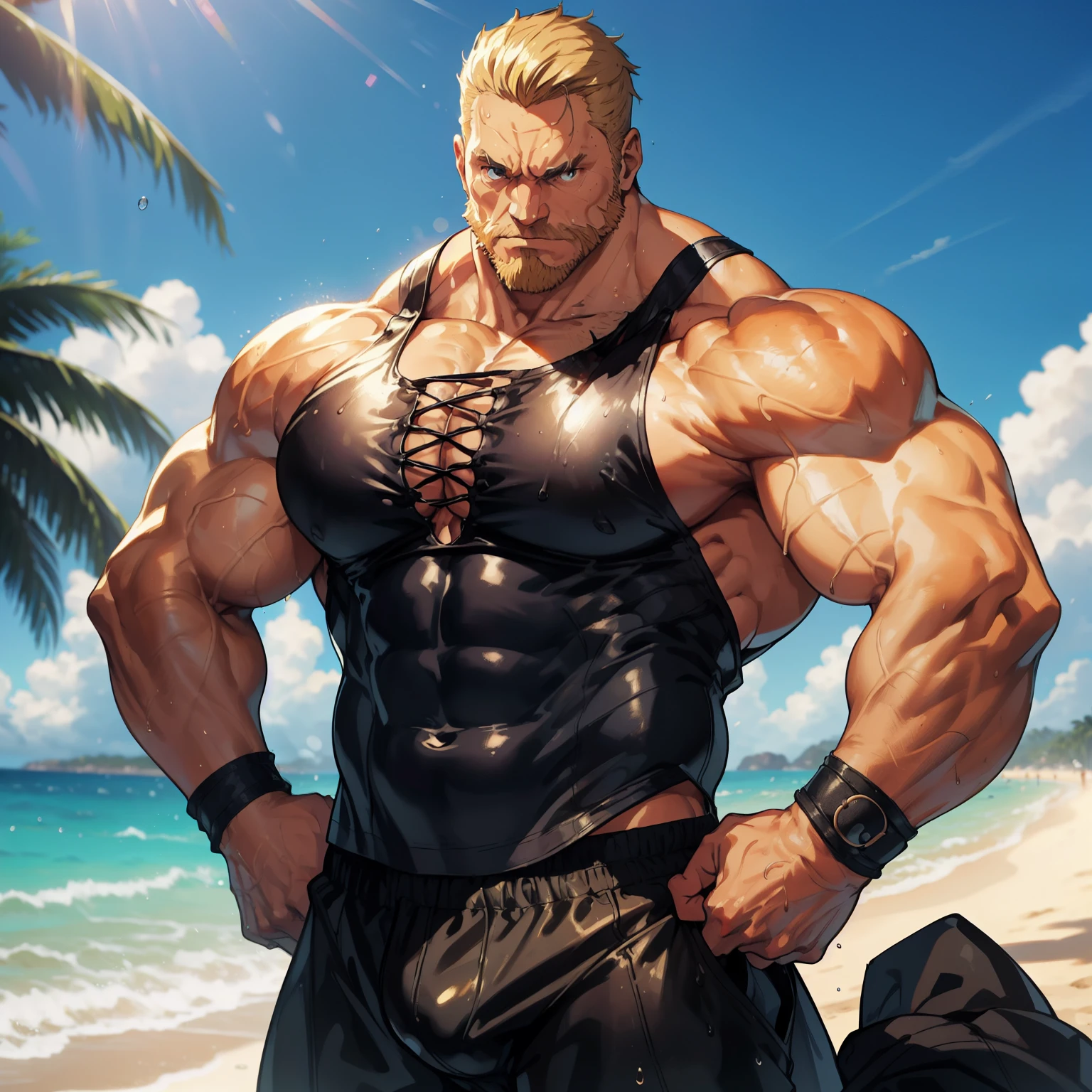 A angry man fighting at the street, imponente, Vista lateral distante, corpo inteiro, 50 years old, blond short hair , thick blond mustache, dark oliva skin color, peitorais largos, peitorais enormes, hair chest, fighting stance, he's on the beach, He is angry, wearing a tight wet tank top, tight wet black leather pants, very wet body, bare arms, big bulge, thick thights, Obra-prima maravilhosa altamente detalhada, beautiful cinematic light deep focus, elegante, Pintura digital, sementes, sharp focus, golden ratio, dramatic lighting, 8k