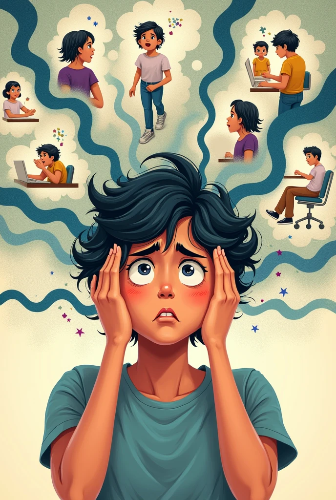 A person, maybe a young adult or teenager, surrounded by several thought bubbles or wavy lines filled with various concerns, as a school, work or social situations. The person seems overwhelmed, with a frown, holding your head in your hands or staring anxiously into space. The background is simple and discreet, with soft colors, allowing the focus to remain on the intense and chaotic representation of concerns.