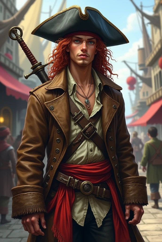 Create an image of a full human race pirate for D&D. A young pirate of 20 years old with long curly hair and garnet red color, beardless and with dark green eyes. He wears a black leather battered hat, He wears a long, worn and old brown pirate-style trench coat, with a light shirt and a ruined vest underneath. In life he wears a red sash with a belt and two bastard swords on his back., in the background a pirate port. ((no beard))-((male character))