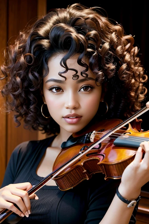 black woman with curly hair and dark brown eyes playing the violin