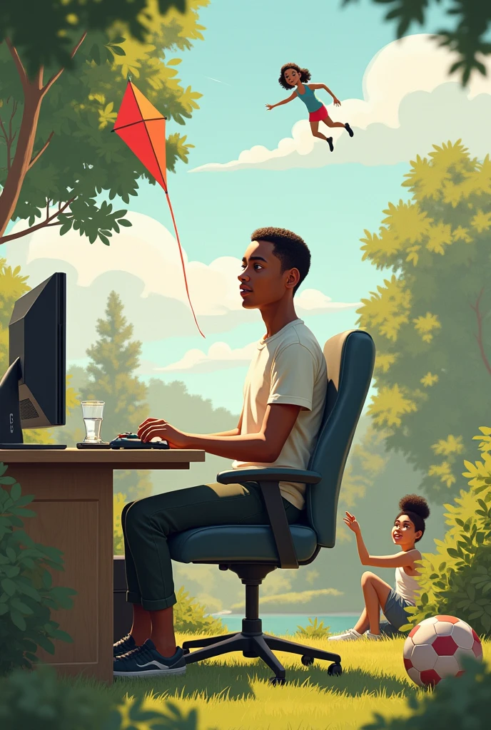 Create a drawing of a calm mlk who likes to play on his PC gamer without sticks, fly kites, play football and spend time with a girlfriend.