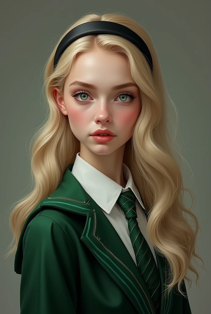 elle a une peau d'ivoire, des yeux verts émeraudes, de longs cheveux blonds plates avec des boucles anglaises accessoirisé d'un serre tête noir, et elle porte un uniforme de serpentard