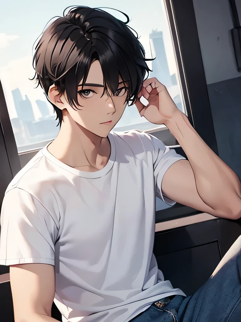 A boy, a single male, white T-shirt, Jeans pant, black short hair, dark eyes, handsome face, attractive look