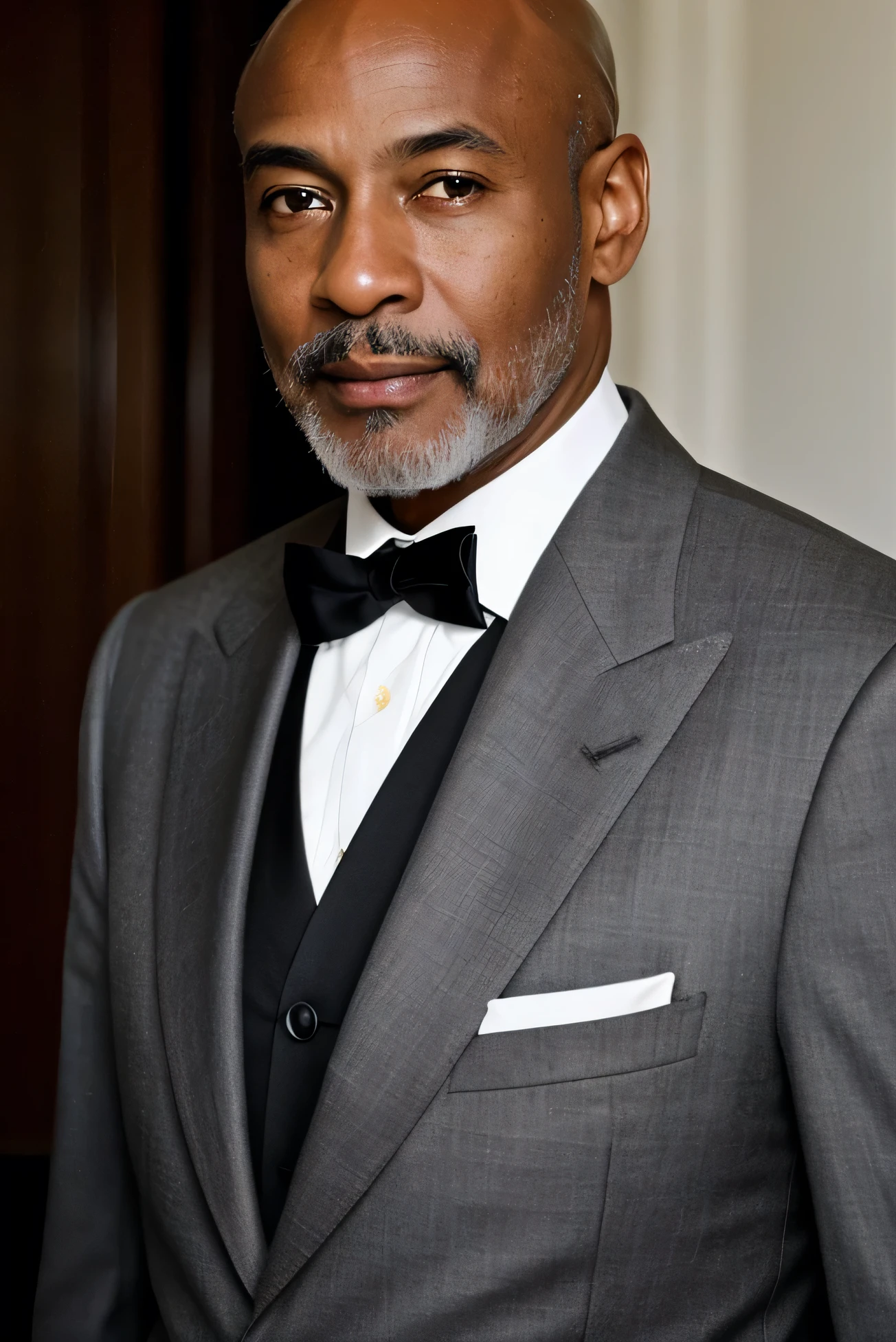Bald, small, black eyes, male, thin eyebrows, elegant, soft features, rosy cheeks, Beauty marks, photoshoot,model, black skin, elegant, timeline: 2001, majestic, beautiful, designer clothing, designer suit, selfie like, male, elder male, gray beard, black suit, 60 years old, black skin, wrinkles 