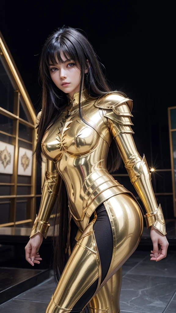 work of art, high resolution,best qualityer, Girl dressed in the golden armor of Sagittarius, from the knights of the zodiac saint seiya, Knights of the Zodiac, black hair, blue colored eyes, leggings sexy preta, golden armour, Sagittarius, Virgem, Lion , Knights of the Zodiac.