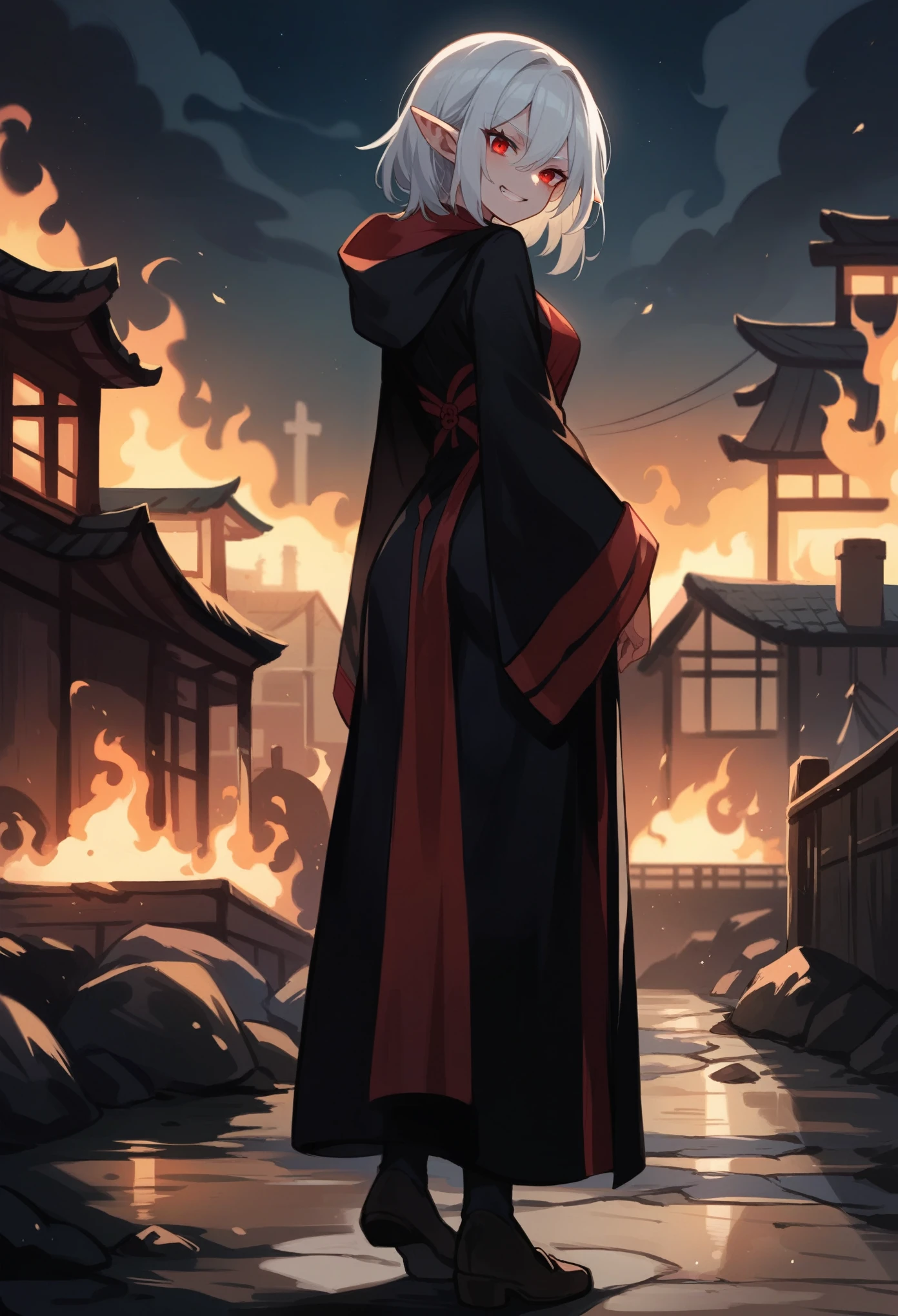 Anime style. Full body shot. Elf woman of white hair and red eyes, she wears a black Chinese long dress under it. She stands with her back to the camera looking over her shoulder and giving a mischievous grin. There is a burning village in the background and it's late at night.