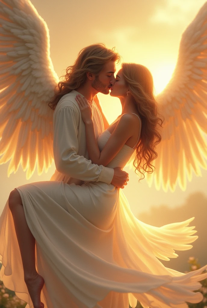 Angel carrying a woman while they kiss