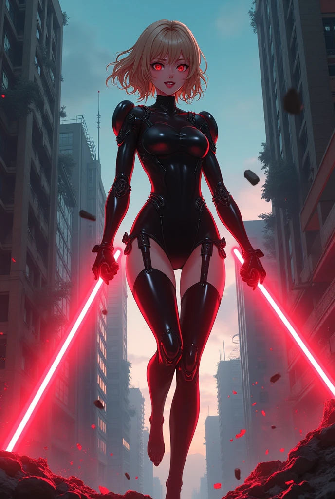 (Full body),Princess Zelda as humanoid ant with antennae, large breasts, (red and black/bionic ant body suit with weapons attached), looking at the viewer, smile, face with red cheek, red lipstick on her mouth, she has very short red hair and green eyes, she is in a futuristic city, 16k, highres, best quality, award-winning, high details, anatomically correct, masterpiece, UHD, ccurate, retina