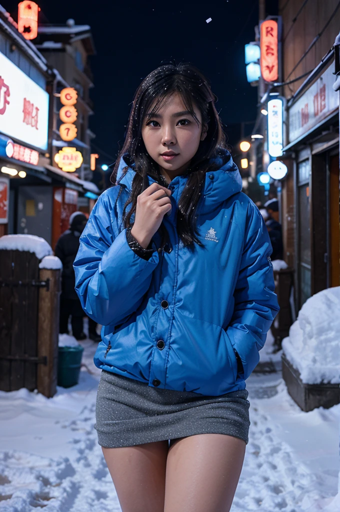 8k Beautiful Asian woman in blue winter clothes, in the snow surrounding her body, with a neon color behind