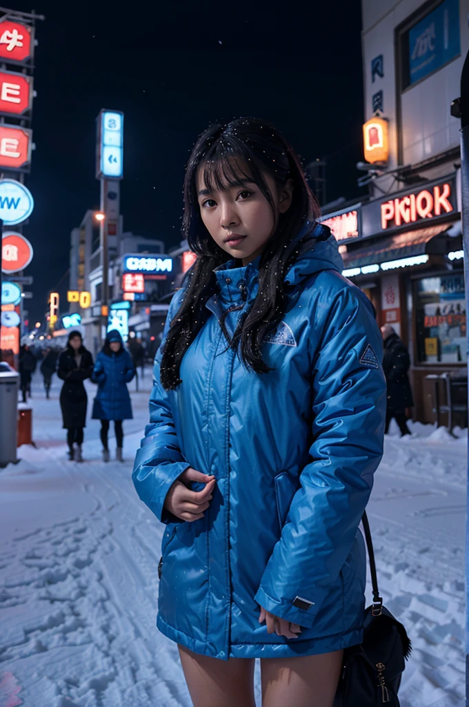 8k Beautiful Asian woman with blue winter clothes, in the snow surrounding her body, at night, with a background of neon signs in Japanese letters