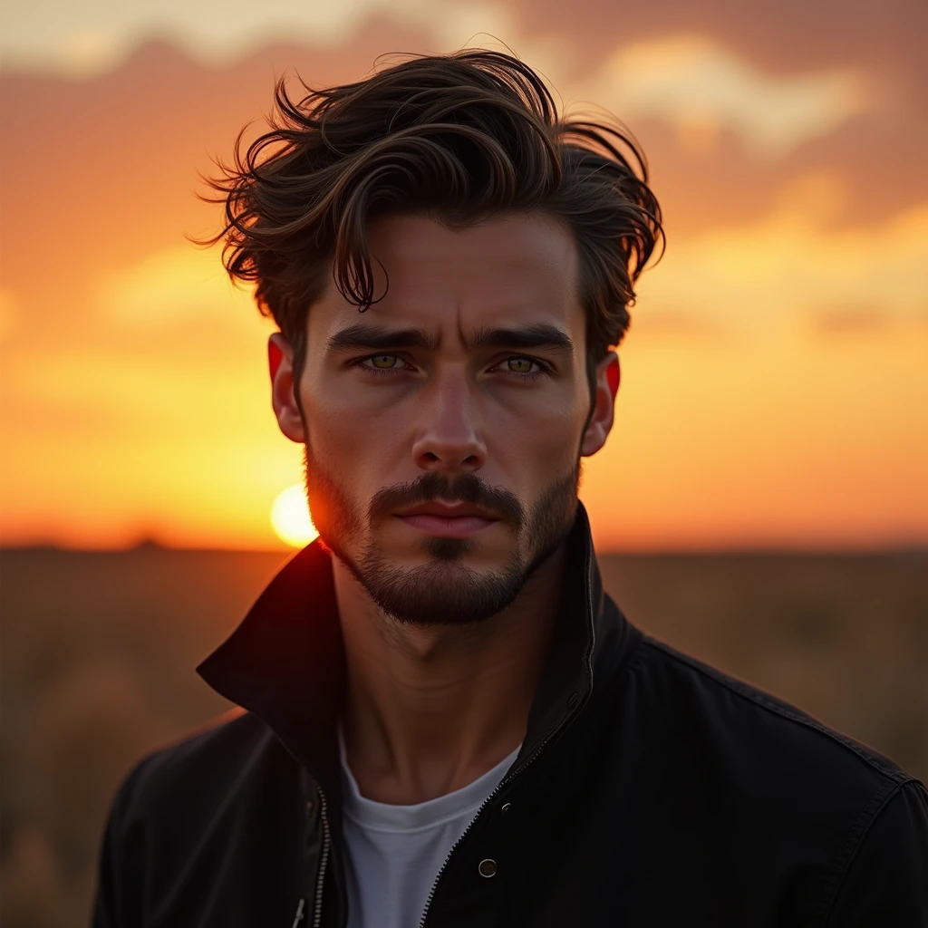 Young white skin, with little beard on the face, medium hair, greeneyes, Black jacke, sunset in texas united states