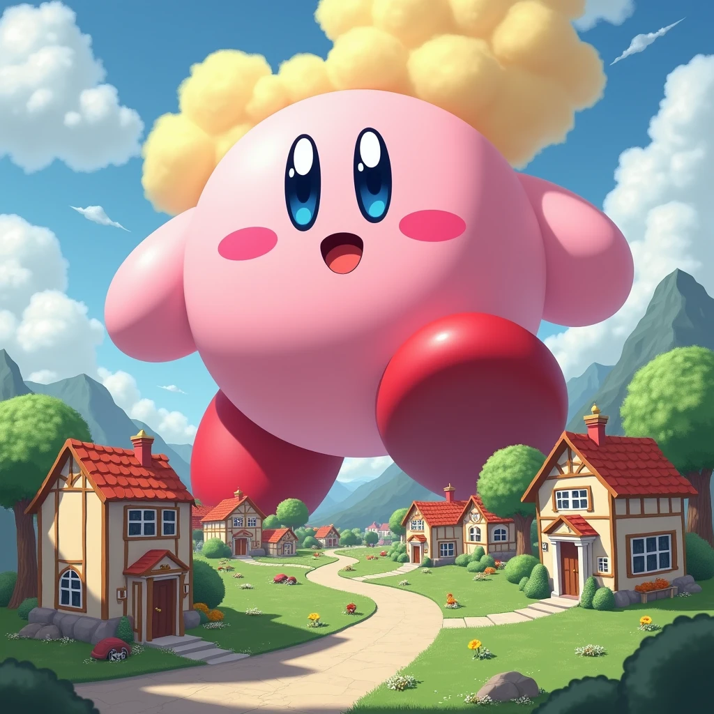 one thousands giantkirby，one thousands giantkirby step on littlecity，4k，cute，Looking up perspective，huge ass kirby farthing yellow gas