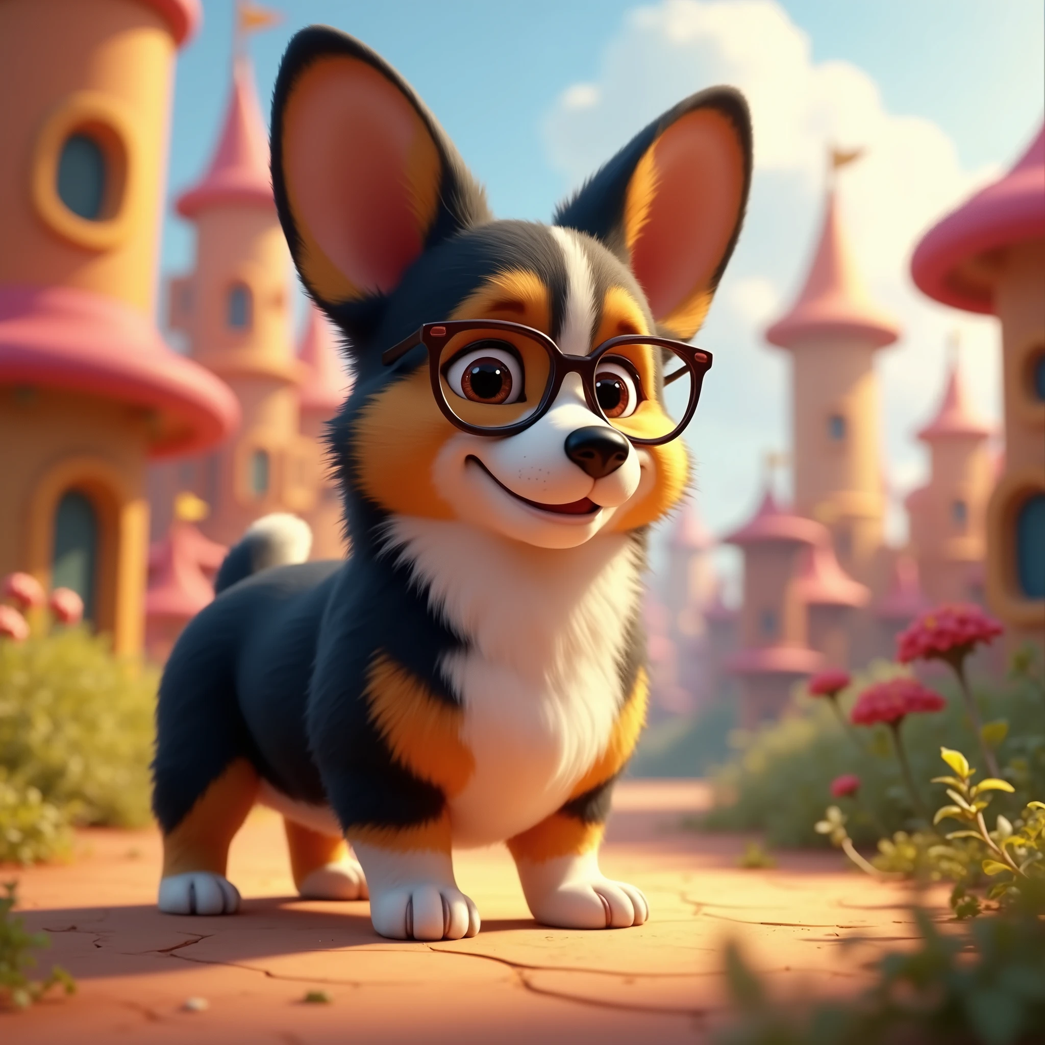 Tri-Color black head corgi, wearing glasses, in the style of Pixar