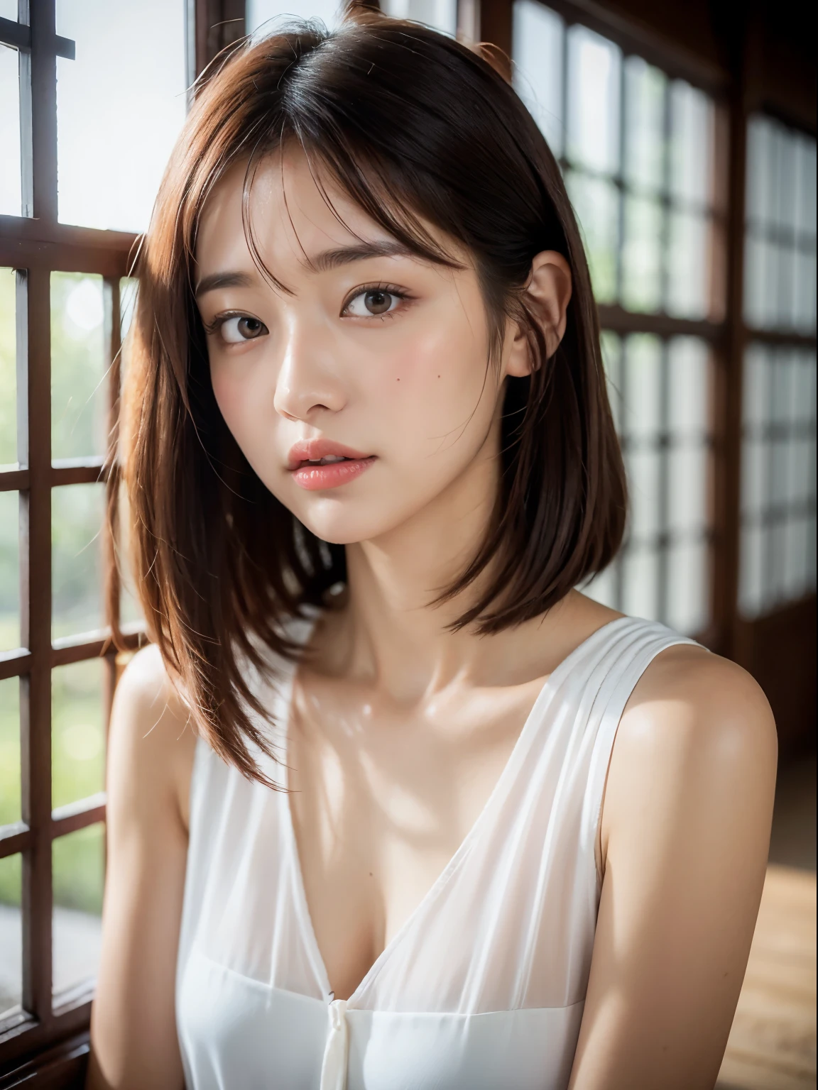 (night:1.7), East Asian architecture, 1 Female,sit on tatami, （China dress）, Brunette color hair，（Hair between the eyes）, restore, Lip valve,  30 years old,beautiful fingers,beautiful long legs,Beauty Body，Beautiful nose，beautiful character design，perfect  eyes，s the perfect face，View your viewers，（Innocent__Eyes：1.0），（Light_笑face：0.3），Official Art，Very detailed CG unity 8k wallpaper，Perfect lighting，Very colorful，bright_front_face_Lighting，（masterpiece:1.0),(Highest_quality:1.0), 超High resolution,4K,Super detailed, photo shoot, 8k, High resolution, High resolution, Absurd:1.2, Kodak Portrait 400, Film Grain, The background is blurred, Bokeh:1.2, Lens flare brilliance, ( Vibrant_color:1.2) (beautiful,big_chest:1.4), (beautiful_face:1.5),(narrow_Upper Body),8k, yes,RAW Photos, See-through, transparent clothing,