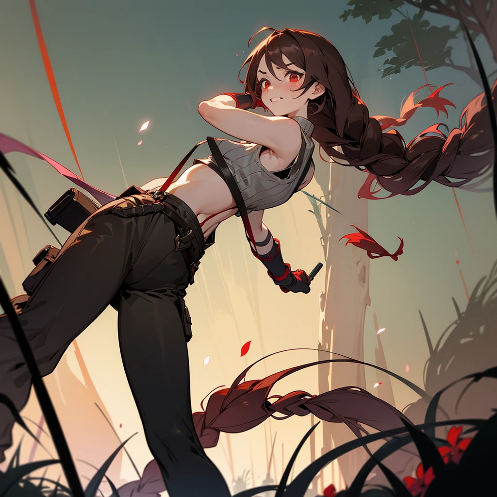 1female, sexy, young adult, finely detailed red eyes, wild long hair, braided hair, dark brown color hair, adventurer gear, suspenders, sleeveless crop top sweater, baggy combat pants, night time, dark forest, excited expression, flowers, blushing, standing on path, lanturns, black armband, mma gloves