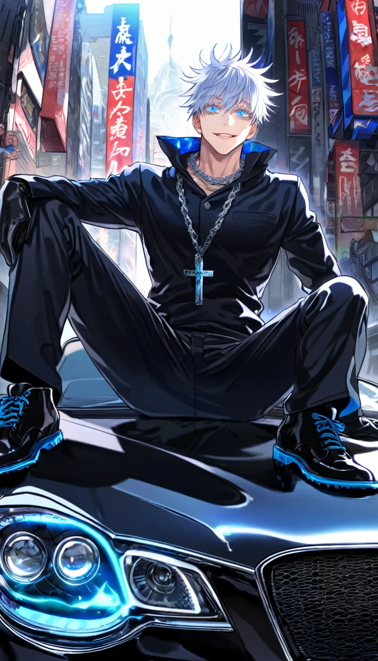 Ultra detailed, Highres, absurdres, HDR, master piece, Gojou Satoru, white hair, expressive blue eyes, white eyelashes, Jujutsu Kaisen, sexy man, solo, black cool car, black coat, city, glittering, black gloves, sensual, fantasy, chains, black pants, blue flames, blue shining fireflies, handsome smile, black gloves, crucifix necklace, manly man, sitting on the bonnet of the car