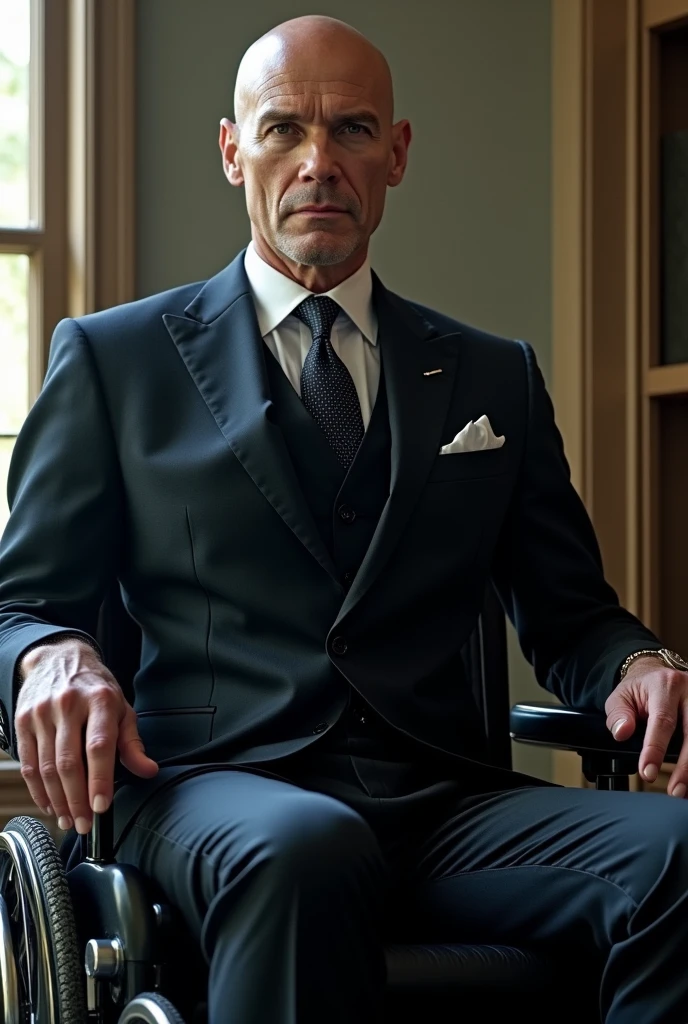 Mark Strong as Professor X (Charles Xavier) In a film adaptation of the X-Men it would be a powerful and appropriate choice., considering his ability to play characters with depth and authority. To capture Professor X faithfully to the comics, The character design should reflect his classic appearance and imposing presence..
Professor X is known for his elegance and professionalism. In the comics, He usually wears formal suits that highlight his status as leader of the X-Men and his role as a scholar.. A classic outfit for Professor X is a jacket and pants set in dark tones., typically black or navy blue, with a white shirt and a tie. This outfit must be impeccably cut., highlighting the sophistication and respect that the character commands. The jacket should have a traditional cut., with elegant lapels and a fit that conveys authority and dignity.
In terms of additional details, Professor X also often appears in a custom wheelchair, which should be an elegant and functional design, instead of something simple. This chair should reflect the advanced technology of the X-Men universe and the importance of the character as a mentor and leader..