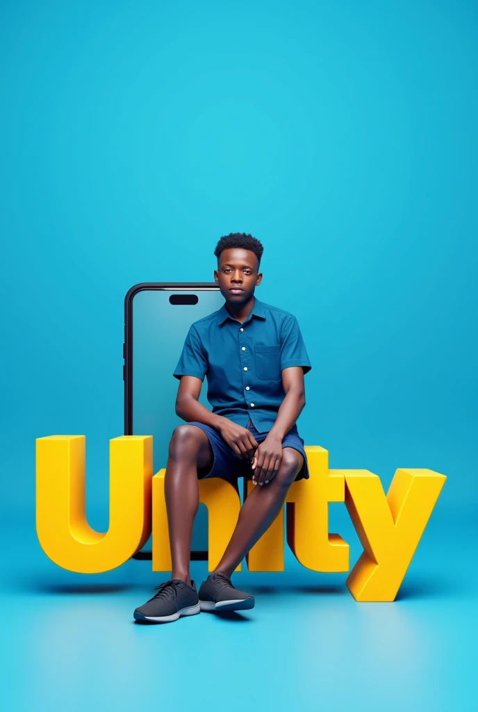 A boy sitting on his school name which is unity and the name is in 3D form. The color of the boy uniform is sea blue as the top and blue black as the down. And also make the text yellow and the background a nice gradient of blue. Make both text and human big and also place a big mobile phone at their back. Lastly make the boy face front and on of his leg swing down. Please make him a university guy and the Name Unity. Make the mobile phone big and long and change his face to adult. His uniform has to me buttons and down should be a short. Make His top a shirt form and make the unity long. Finally make the boy a Ghanaian.Make His top a shirt form and make the unity long.make the text bigger