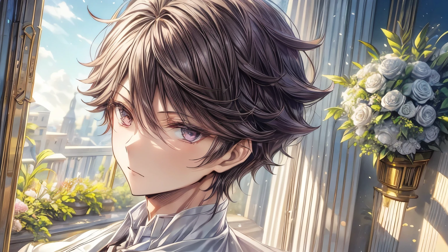 1 man, oikawa tooru, looking in front, facing forward, looking at viewer, perfect face, flowers, plants, cinematic lighting, innocent expression, prince outfit, detailed shading, details
